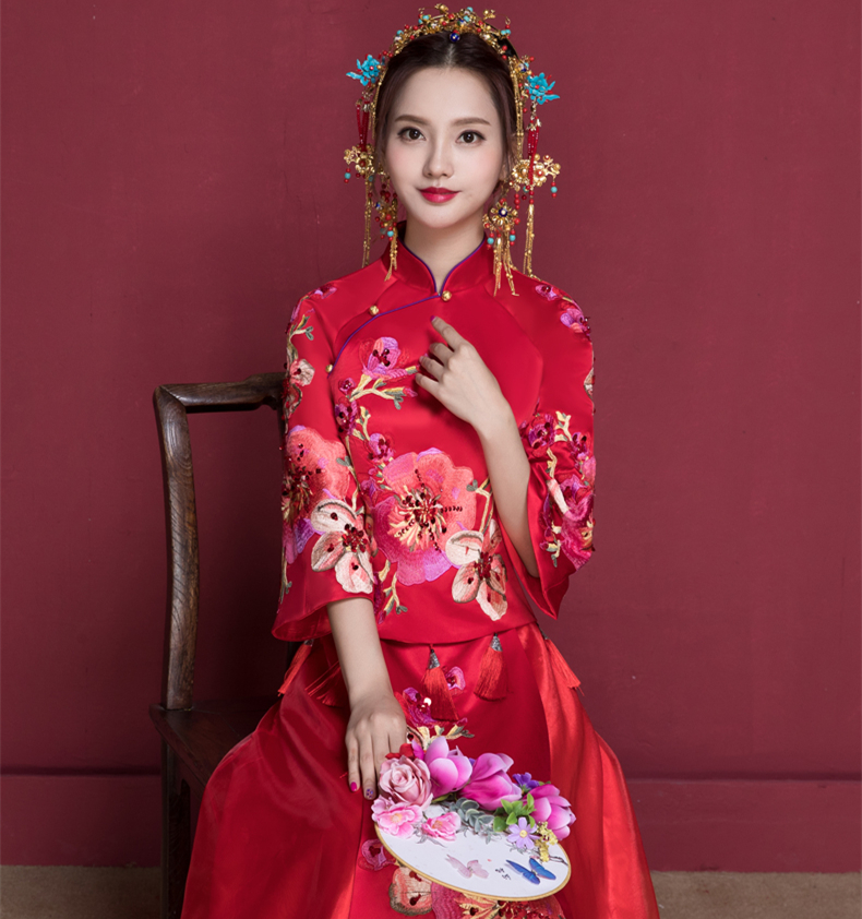 花開(kāi)富貴中式新娘禮服，蘇繡桃花中袖敬酒服