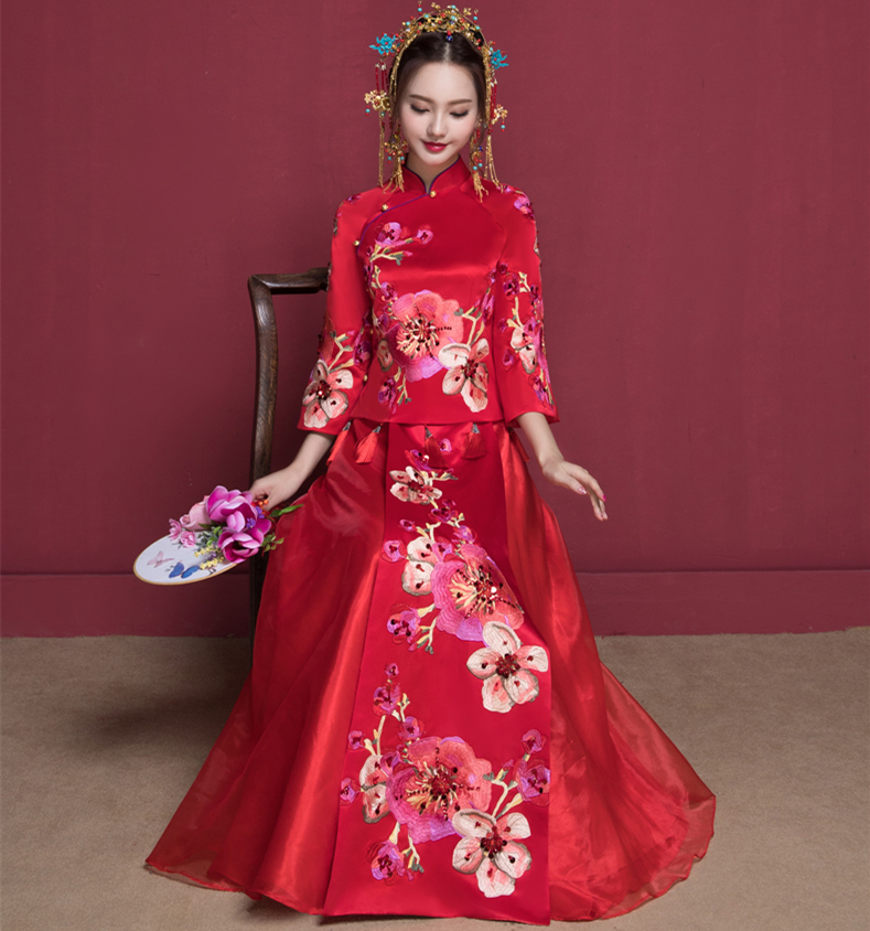 花開(kāi)富貴中式新娘禮服，蘇繡桃花中袖敬酒服