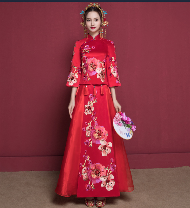 花開(kāi)富貴中式新娘禮服，蘇繡桃花中袖敬酒服
