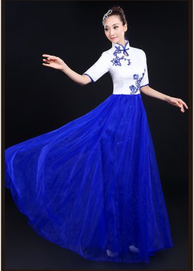 青花瓷民樂服合唱服長裙，中山裝演出服