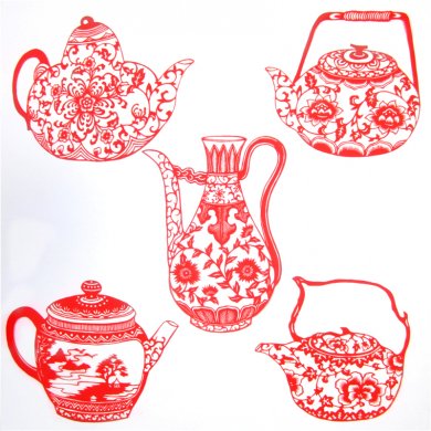 11款精美手工紅花瓷剪紙，茶壺剪紙工藝品