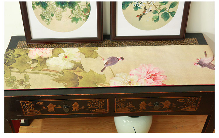 中式花鳥(niǎo)桌旗床旗印花布藝