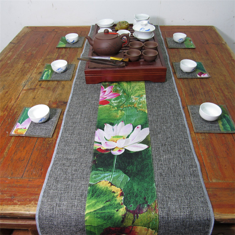 中國風(fēng)復(fù)古棉麻布藝禪意荷花桌旗茶巾