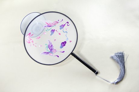淡雅蝶舞刺繡團(tuán)扇，淡紫復(fù)古繡花工藝扇子