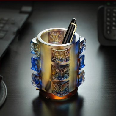 精美失蠟古琉筆筒，中國傳統(tǒng)手工琉璃筆筒