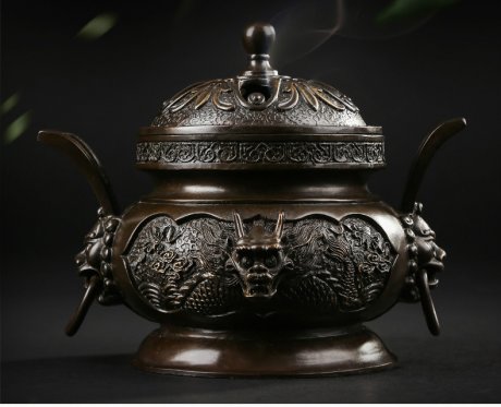 祥獅雕刻香爐，仿古神龍銅香爐