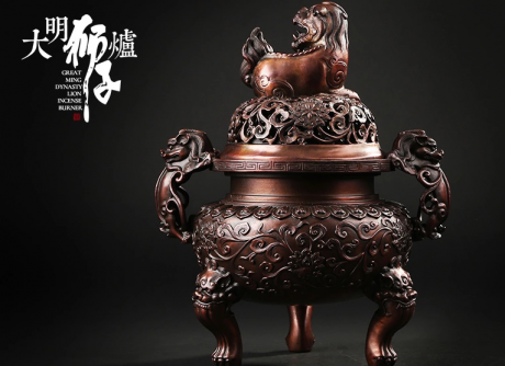 大明獅子紫銅香爐，仿古宣德熏香爐