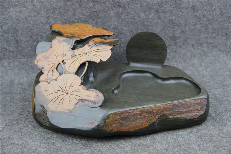 金暈魚子荷葉雕花歙硯，老坑硯臺龍尾硯