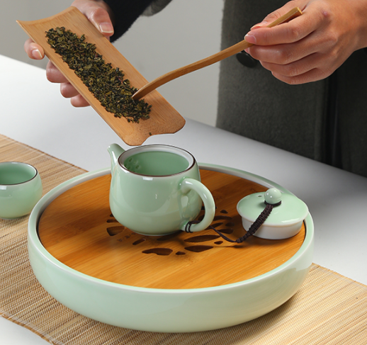 一盞清禪青瓷茶盤，陶瓷手繪荷花茶具