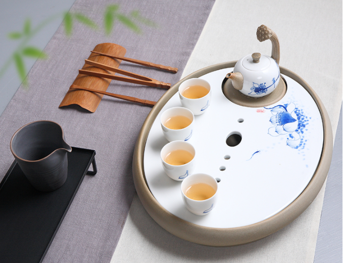 一盞清禪青瓷茶盤，陶瓷手繪荷花茶具