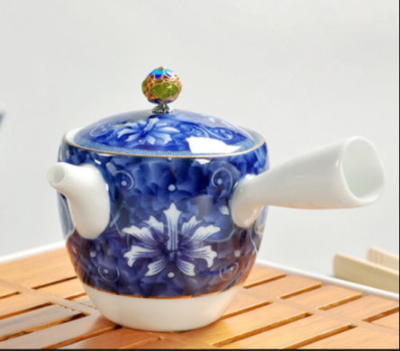 手工茶壺，脂白描金側(cè)把功夫茶具