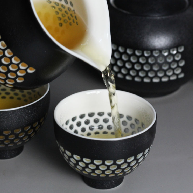 黑白蜂巢茶海，簡約粗陶功夫茶具