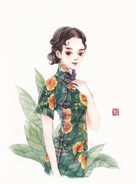 清新水彩旗袍女子插畫，唯美的古風(fēng)插畫圖集