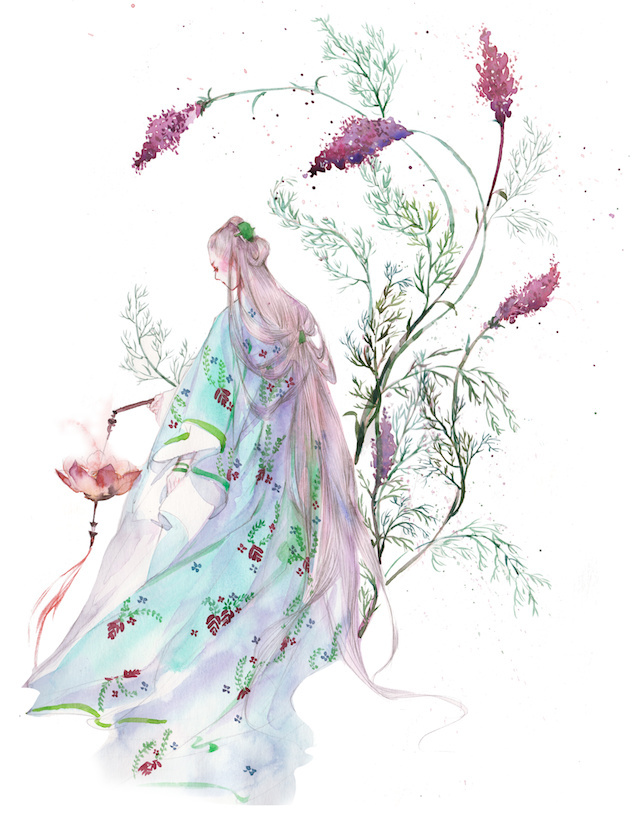 水彩古風(fēng)女子圖集，夢(mèng)幻粉色少女古風(fēng)圖片