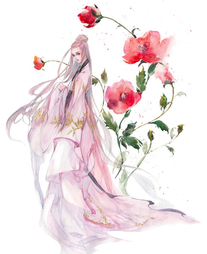 水彩古風(fēng)女子圖集，夢幻粉色少女古風(fēng)圖片