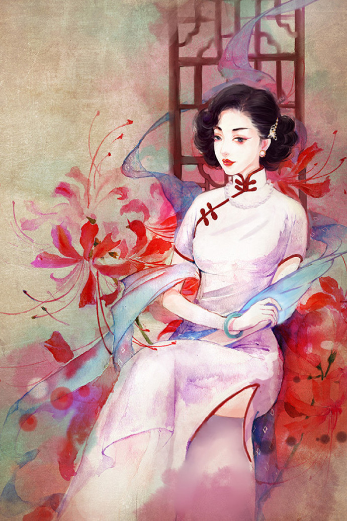 水彩旗袍女子圖集，超美插畫(huà)古風(fēng)圖片