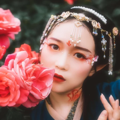 花間賞花女生頭像，唯美古風真人頭像
