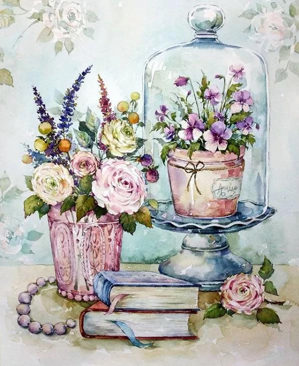 花團錦簇時尚水彩插畫，唯美花卉插畫圖片
