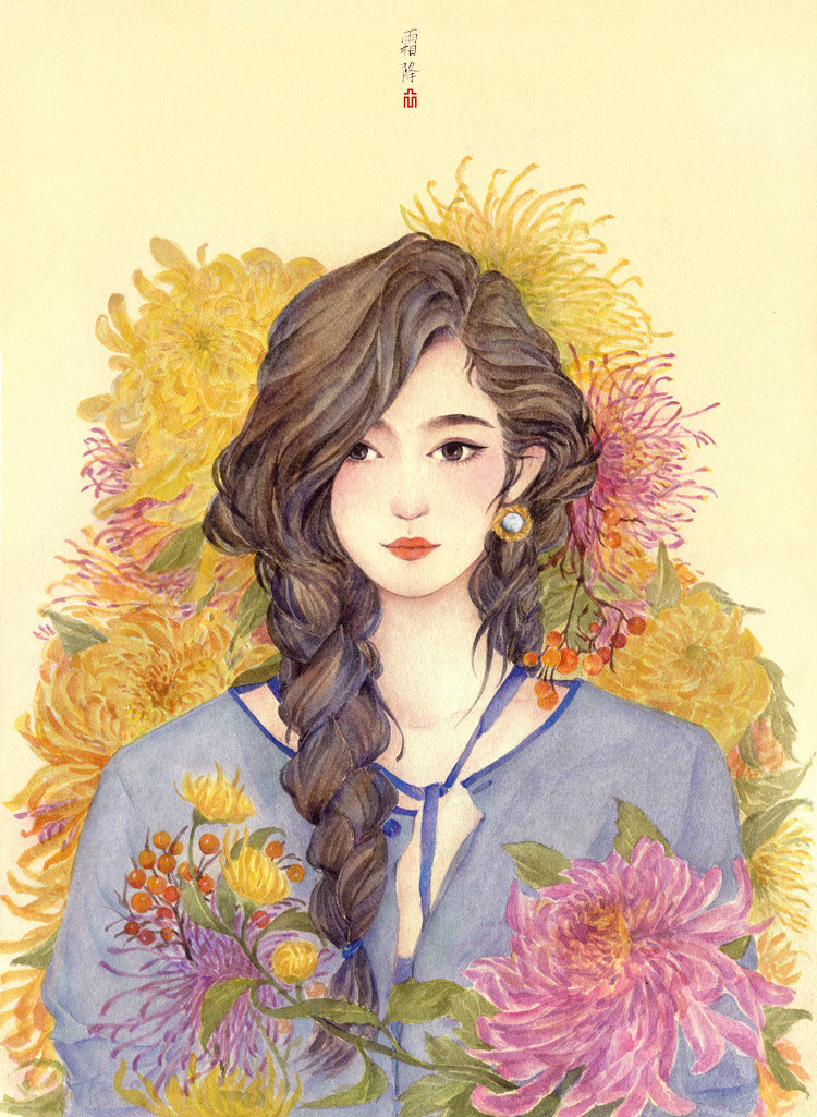 24節(jié)氣水彩手繪插畫(huà)，清新淡雅唯美女子插畫(huà)