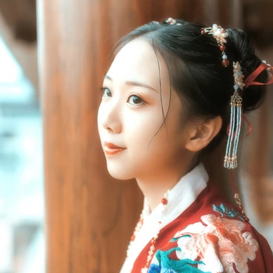 古典紅衣漢服帶團扇女生頭像，唯美古風頭像