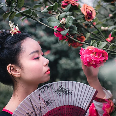 山茶花帶折扇女生頭像，唯美古風真人頭像