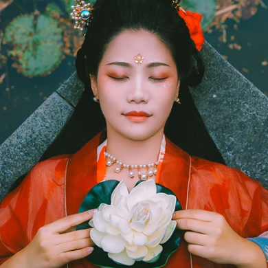 蓮池邊帶紅傘紅衣女生頭像，唯美古風真人頭像